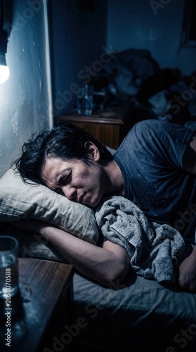 Man Suffering From Insomnia Lying In Dark Bedroom
