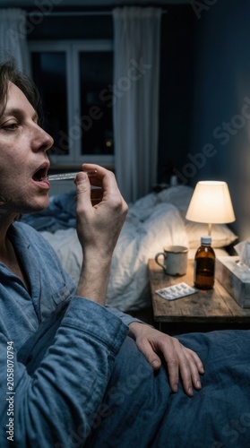 Man Taking Medication In Bed At Night Hospital Bed Scene
