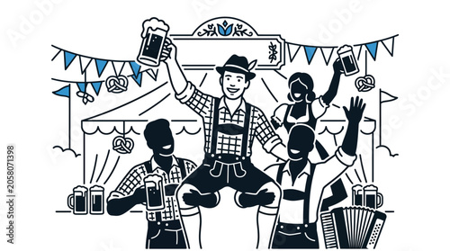 Schilderij op canvas Group of happy people celebrating at an Oktoberfest festival with beer and music