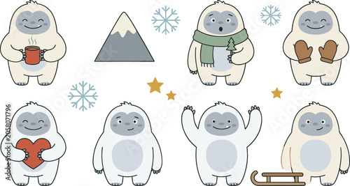 Foto Cute Yeti Cartoon Vector Character Set Featuring Friendly Abominable Snowman Hol