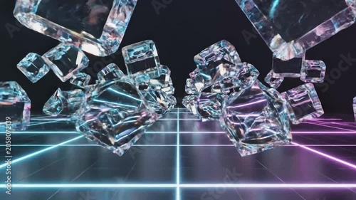 Floating glass cubes over a neon digital grid.