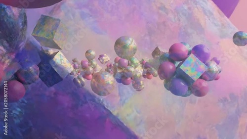 Floating colorful 3D geometric shapes with marble texture.