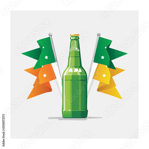 Green Beer Bottle with Colorful Flags Illustration