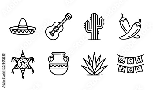 Mexican elements icons collection editable stroke vector illustration set traditional culture symbols isolated on white background