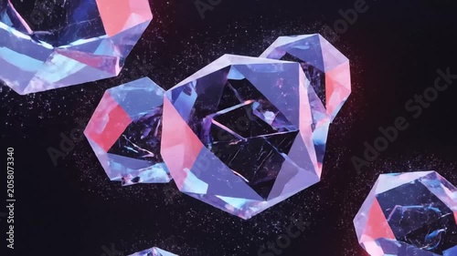 Floating iridescent crystalline geometric shapes.