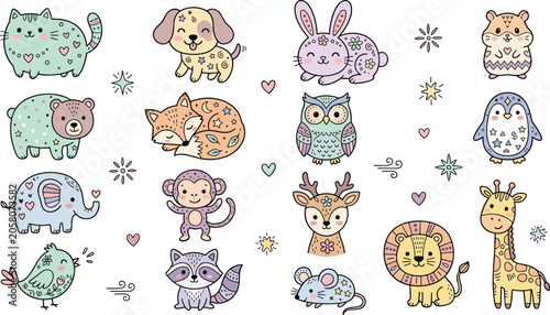 Photography Cute Kawaii Boho Animal Cartoon Vector Character Set Featuring Patterned Cat, Do
