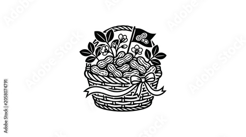 Schilderij op canvas A detailed black and white line art illustration of a woven basket filled with peanuts