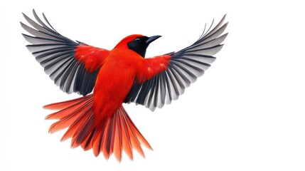 A vibrant red bird with black wings and a short black beak, isolated on a white background. This image symbolizes freedom, beauty, nature, and wildlife