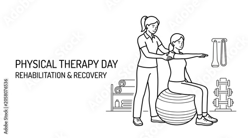 A physical therapist assisting a patient with shoulder rehabilitation exercises on a gym ball.