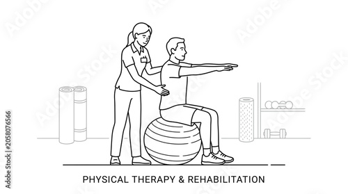 Physical therapist assisting a patient with exercise on a stability ball.