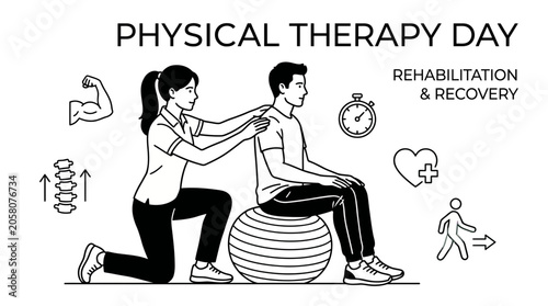 Physical therapist assisting a patient with rehabilitation exercises on a stability ball.