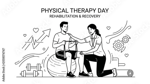 Obraz na plátne A physical therapist assisting a patient with resistance band exercises on a stability ball