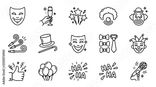 Принти на полотні Party Icons Set: Celebration Symbols - Masks, Clown, Balloons, Confetti, Music