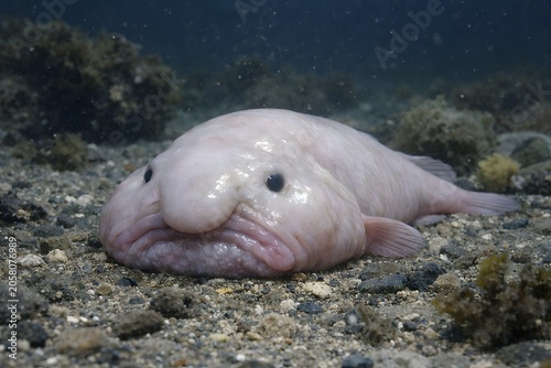 Blobfish resting on ocean floor in deep sea environment. Generative ai, AI generated