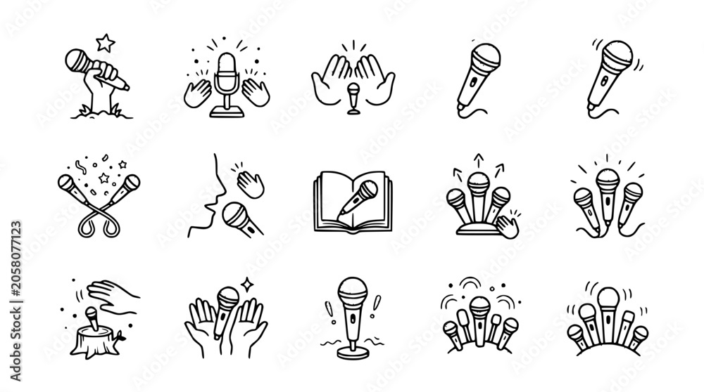 Fototapeta premium Doodle Icons: Microphones, Public Speaking, Performance, Music, Debate, Announcement