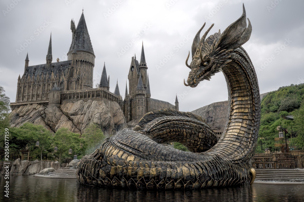 Naklejka premium Horned serpent, the mythic giant sea serpent with horns of Harry Potter swimming in a river near a castle, AI generated