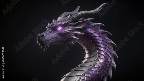 Dragon head with purple scales and glowing eye for creative digital media and visual arts