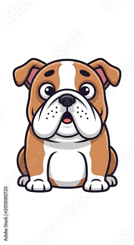 Cute cartoon bulldog sitting on white background.