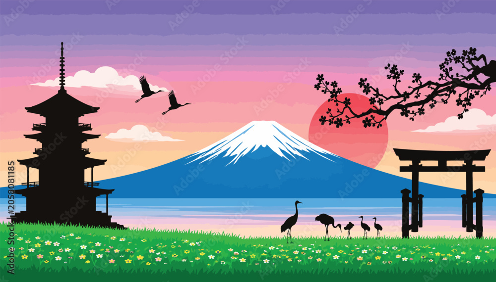 Obraz premium Stunning Japanese landscape vector illustration with Mount Fuji, silhouette pagoda, torii gate, cherry blossoms, and elegant cranes under a vibrant red sunset and purple twilight sky.