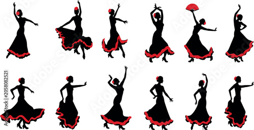 Schilderij op canvas Set of Elegant Flamenco Dancer Silhouettes in Traditional Spanish Costumes with Red Accents, Perfect Vector Graphics for Dance Schools, Cultural Festivals, and Performance Art Design