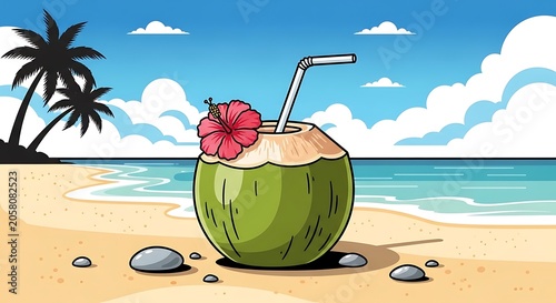 Vintage green suitcase with straw hat on tropical beach.