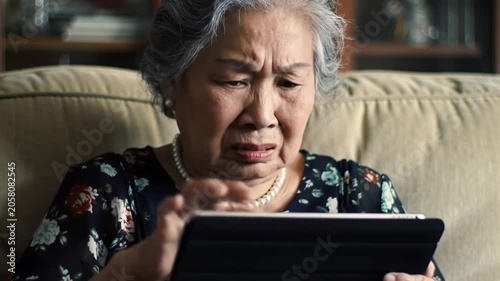 Frustrated senior woman using tablet at home