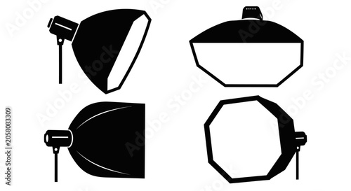 Photography Lighting Equipment Icons: Studio Softbox, Spotlight, Flash Diffuser