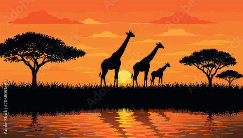 Canvas Print African Savanna Sunset Landscape Vector Illustration with Silhouetted Giraffe Family, Acacia Trees, and River Reflections
