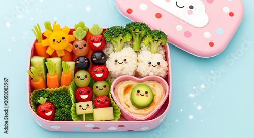 Colorful childrens bento box with assorted fresh vegetables and fruits.