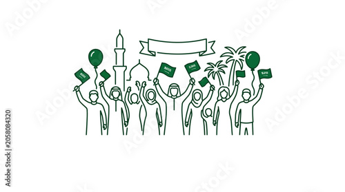 Tablou pe pânză A line art illustration of a diverse group of people celebrating Saudi National Day with flags and balloons