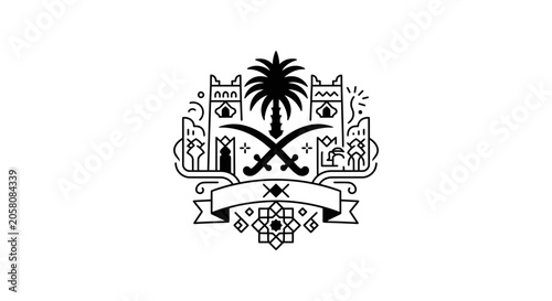 Foto Emblem of Saudi Arabia featuring a palm tree and crossed swords in a minimalist line art style