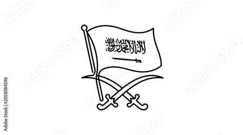 Billede på lærred A black and white line art illustration of the Saudi Arabian flag with crossed swords
