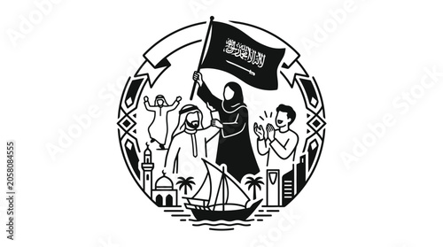 Cuadro en lienzo Illustration depicting Saudi Arabian culture and national pride with traditional elements