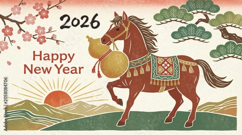 Year of the Horse 2026 Happy New Year Greeting Card with Horse, Sun, and Cherry Blossoms