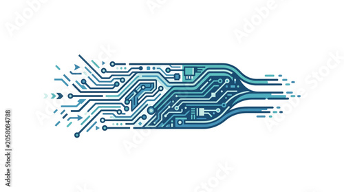 Blue digital circuit board flow pattern graphic.