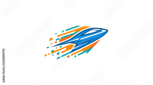 Blue jet head icon with digital pixel motion trails.