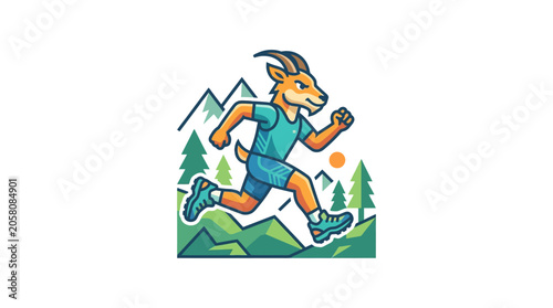 Cartoon goat character running on mountain trail.