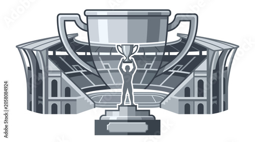 Champion holding trophy in front of massive stadium.