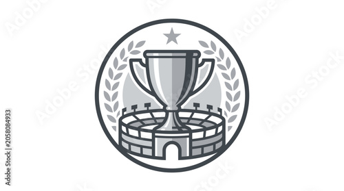 Championship emblem with trophy cup and sports stadium background.