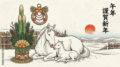 Cute illustration of a mother horse and foal in the snow, with traditional Japanese New Year decorations (kadomatsu and shimenawa) and a sunrise.