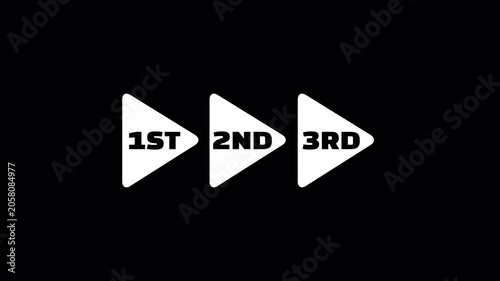 First second and third triangle sequence buttons on black, ideal for process stages, ranking flows, and animated step by step graphics, 1st 2nd 3rd.