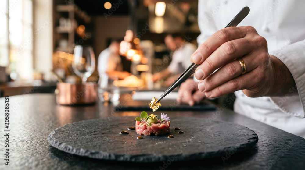 Fototapeta premium Artistic Chef Carefully Plating Fine Dining