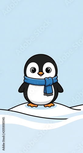 Cute cartoon penguin child wearing scarf and hat.