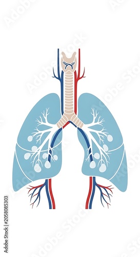 Vector illustration of lungs with bronchial tubes and blood vessels.