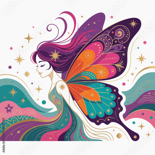 Mystical celestial fairy woman with vibrant colorful butterfly wings