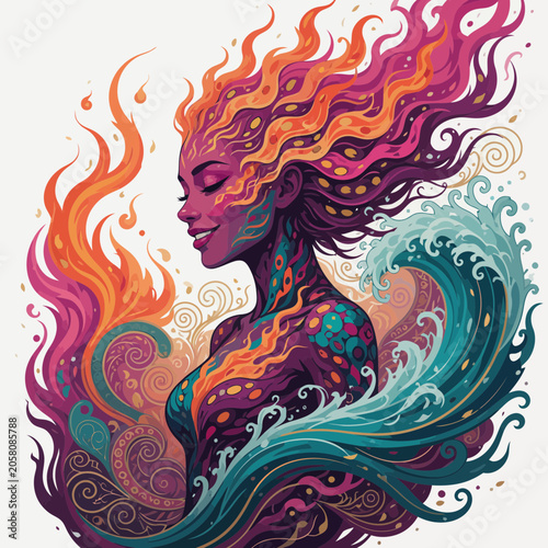 Elemental Woman Balancing Fire and Water