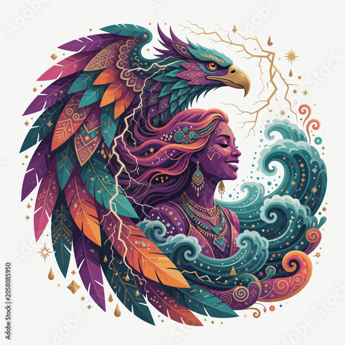 Mythical Goddess Protected by Spiritual Eagle