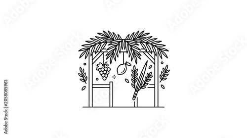 Fotografía Line art illustration of a traditional Jewish Sukkah booth with holiday symbols