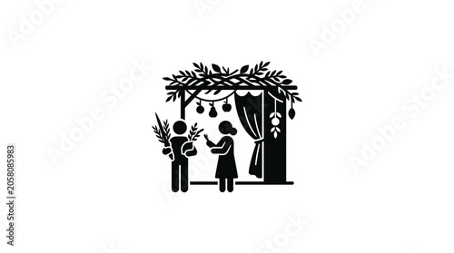 Fotografía A black and white icon depicting a couple celebrating the Jewish holiday of Sukkot