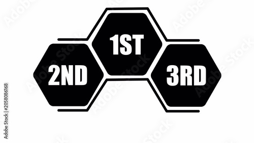 First second and third ranking badges connected in black and white, useful for results screens, step sequences, and animated competition graphics, 1st 2nd 3rd.